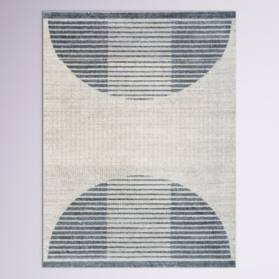 Aulika Machine Washable Geometric Ivory Blue Area Rug