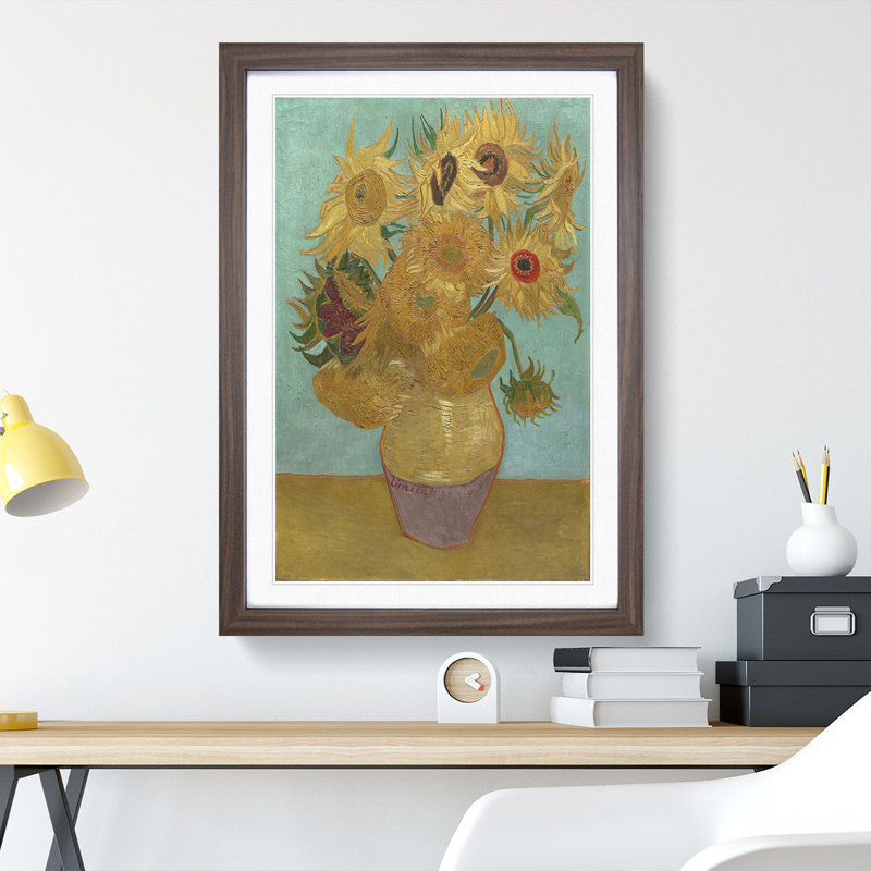 Vase with Twelve Sunflowers by Vincent Van Gogh - Picture Frame Painting, Walnut Framed, 36cm H x 27cm W x 2cm D