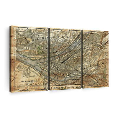 " Vintage Pittsburgh City Map " by Tess P 3 - Pieces