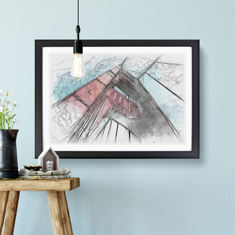 View of the Golden Gate Bridge in San Francisco Sketch - Picture Frame Graphic Art Print, 40cm H x 60cm W x 2cm D