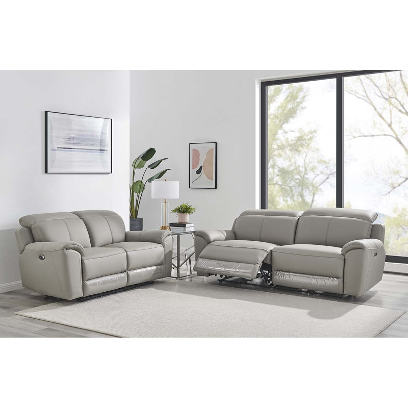 Maizi 3 Seater Top Grain Leather Electric Reclining Sofa, Grey