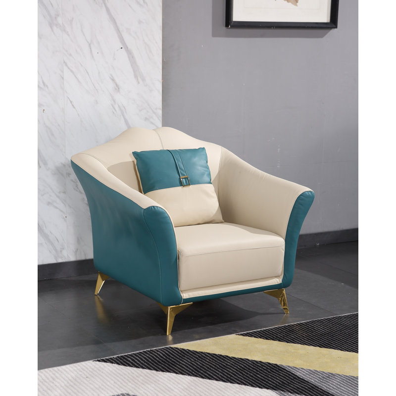 Fauteuil club Eatonton, Cuir véritable blanc / bleu