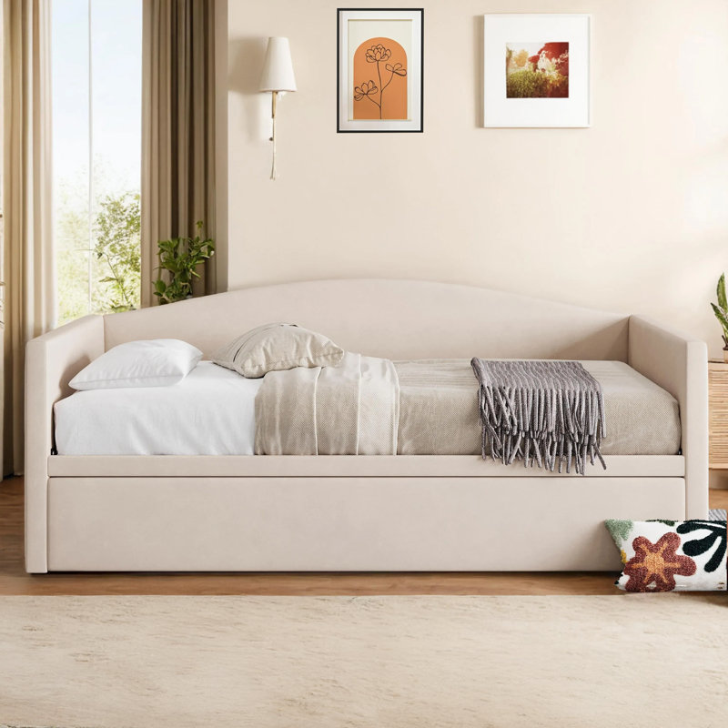 Upholstered Daybed Sofa Bed with Extended Pop Up Trundle, Beige