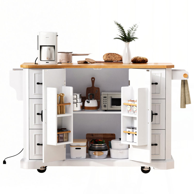 K&K 56 inch Kitchen Island with Rubber Wood Veneer Drop Leaf, Power Outlet, 4 Door Shelves, Embossed Vertical Stripe Rolling Kitchen Cart on 4 Wheels with 6 Deep Drawers for Kitchen, Dining Room,White
