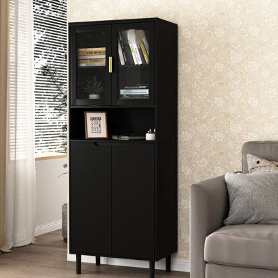 Armoire de rangement à portes vitrées trempées - 4 portes, noire, réglable pour salon, 4 portes vitrées.