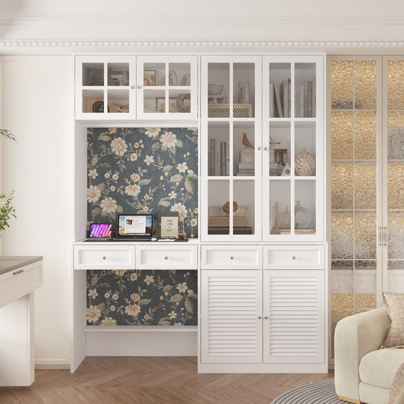 Bureau multifonctionnel avec bibliothèque et vitrine intégrées - Finition blanche élégante