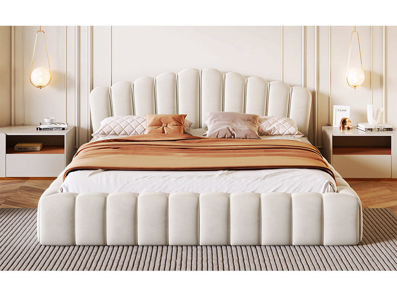Tête de lit tapissier en velours pour lit double, sans sommier tapissier, Beige
