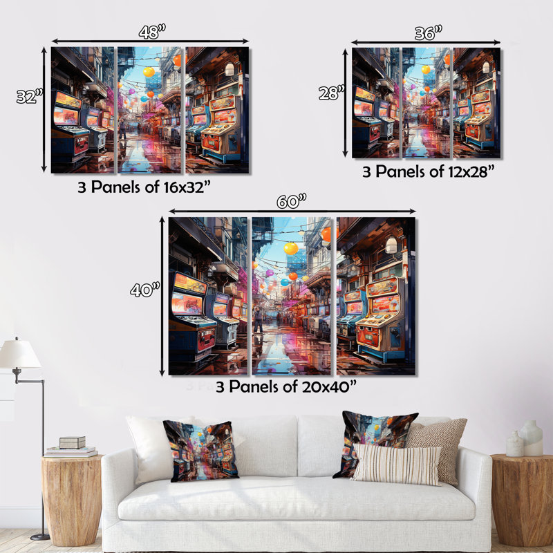 Rêve d'arcade coloré sur toile 3 pièces, H 32 po x l 48 po x P 1 po