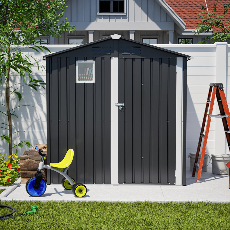 Remise de rangement extérieure en métal noir 6 pi x 4 pi, coffre à outils utilitaire pour patio de jardin, avec serrure et fenêtre transparente, grande capacité, rangement rapide sur la pelouse, espace de porte verrouillable, espace facile