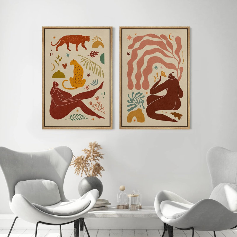 «Bright Preppy Animals» Mid-Century, H 36 po x l 48 po x P 1,5 po, Naturel