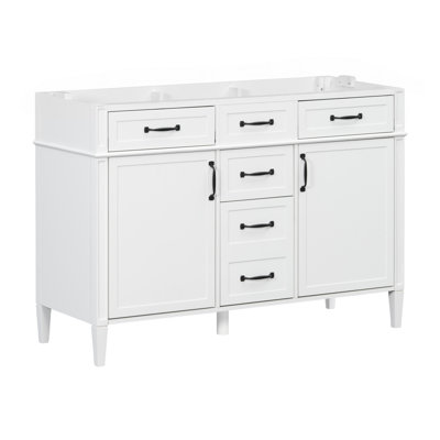 Armoire de salle de bain 48 po, base de meuble-lavabo autoportant en MDF avec 4 tiroirs et 2 portes, armoire de rangement blanche avec tablettes réglables, poignées en métal noir, armoire seulement