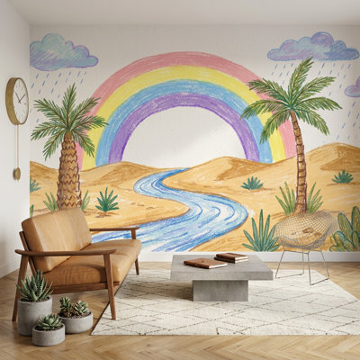Papier peint paysage désertique avec pastel arc-en-ciel et palmiers amovibles