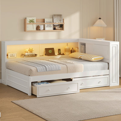 Lit de jour en bois pleine grandeur avec tablettes de rangement, USB, DEL et 2 tiroirs, blanc (ETA: 1/18)