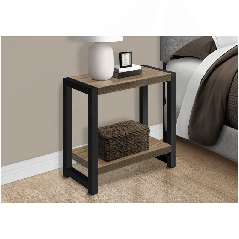 Table d'appoint, côté, bout, étroit, petit, 2 niveaux, salon, chambre à coucher, stratifié brun, métal noir, contemporain, moderne