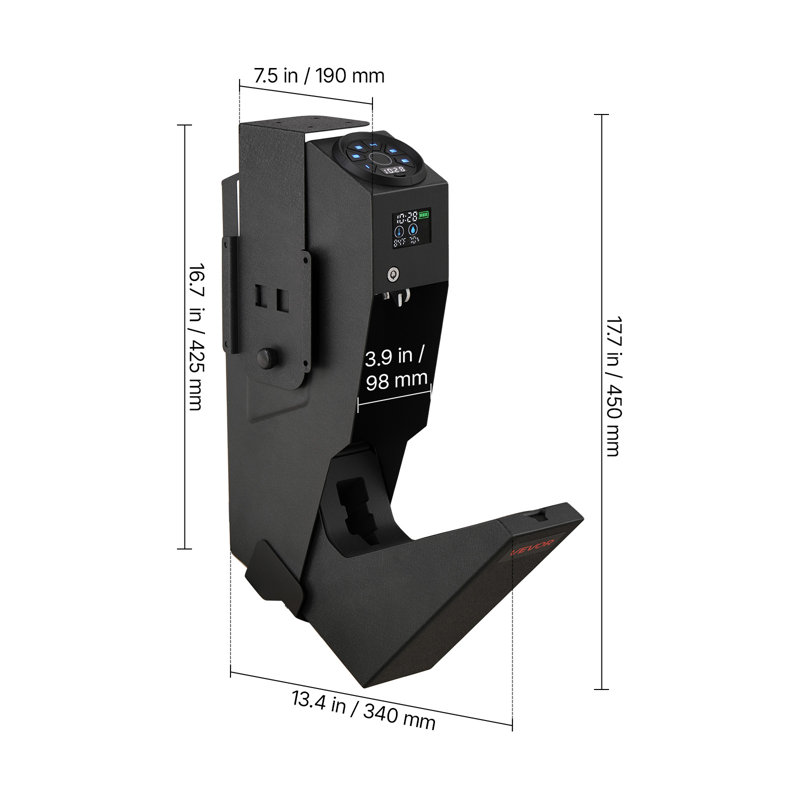 Coffre-fort pour arme de poing avec lecteur d'empreintes digitales biométrique, ouverture sur 4 côtés, idéal pour une chambre, une table de chevet ou un bureau. Construction robuste en acier, écran ACL, éclairage automatique, mode silencieux (en option), noir.