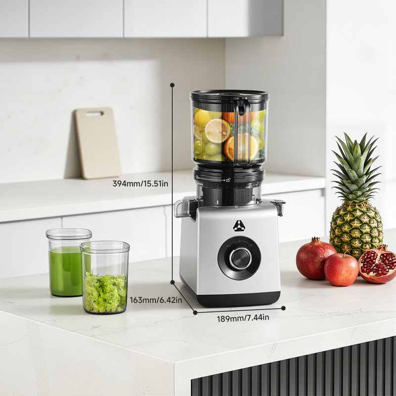 Extracteur de jus à pression à froid, goulotte d'alimentation extra-large de 16,4 cm, extracteur de jus à mastication grande capacité de 2,5 L avec moteur silencieux et conception facile à nettoyer, gris sidéral