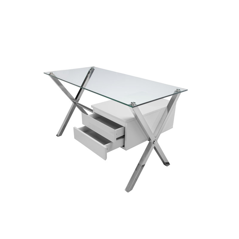 Bureau d'écriture Pangea Home Beverly - Bureau d'écriture moderne de 51 po - Bureau pour espace de travail à domicile ou chambre à coucher - Laque blanche avec bureau en X argent