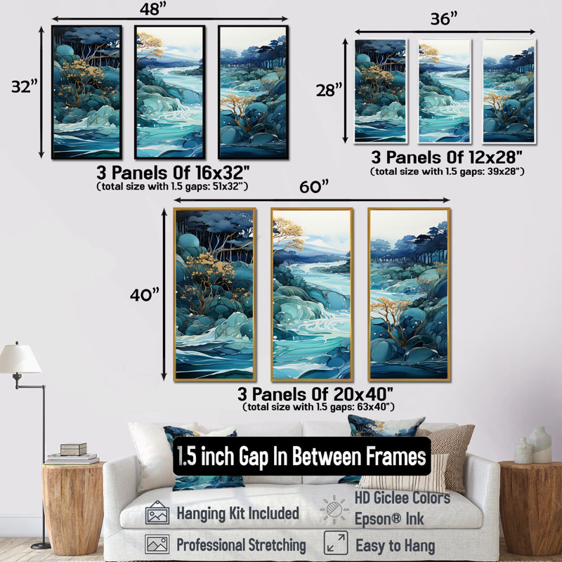 Encre liquide du Japon, montagnes du Japon, ensemble d'art sur toile, Cadre flottant blanc, H 28 po x l 36 po x P 1 po
