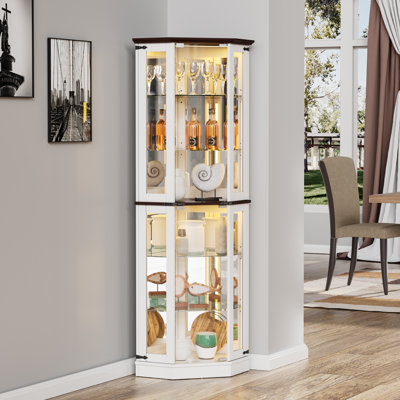 armoire de coin blanche, vitrines éclairées avec tablettes en verre