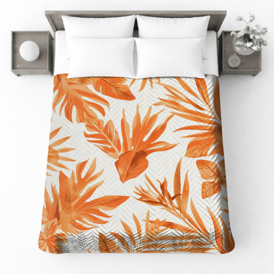 Orange Tropical Leaves Quilted Bedspread All Sizes