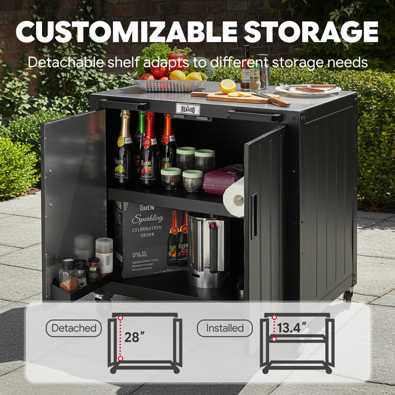 Chariot de cuisine autoportant en acier inoxydable Feasto 304 avec couvercle, îlot de cuisine mobile avec armoire de rangement pour four à barbecue / à pizza / préparation
