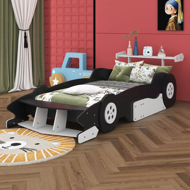 Lit plateforme en forme de voiture de course avec roues, Simple, Noir