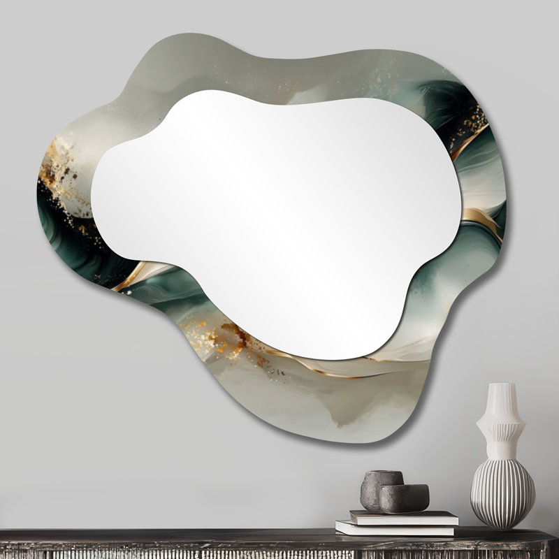 Emerald Fractal Marble Oceanic Waves I - Marble Asymmetrical Wall Mirror, Modern Vanity Mirror, Printed on Metal, 25" x 28"