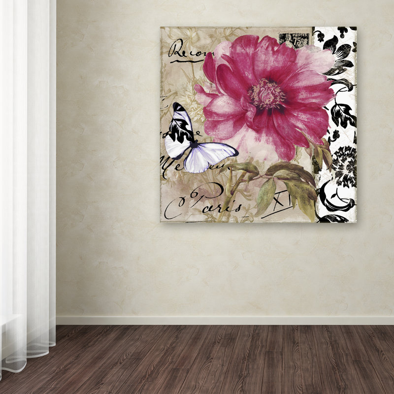 Le Pink Butterfly and Floral Canvas Art in Black, White, and Tan