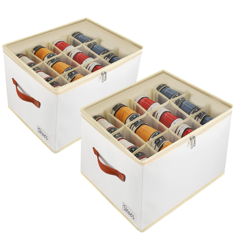 2 Pack Shoe Storage Box Organizer- 24 Cell Space Saver Shoes Containers Bin With Clear Lids Stackable, Can Fit Ottoman, Foldable Shoe Rack Cabinet Cubby