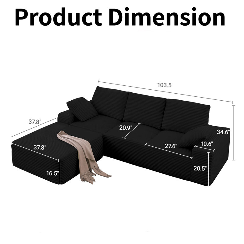 Boneless 103.5" Cloud Sectional Boneless Sofa Modern L Shaped Corduroy Modular Compression Couch With Ottoman, No Assembly Required