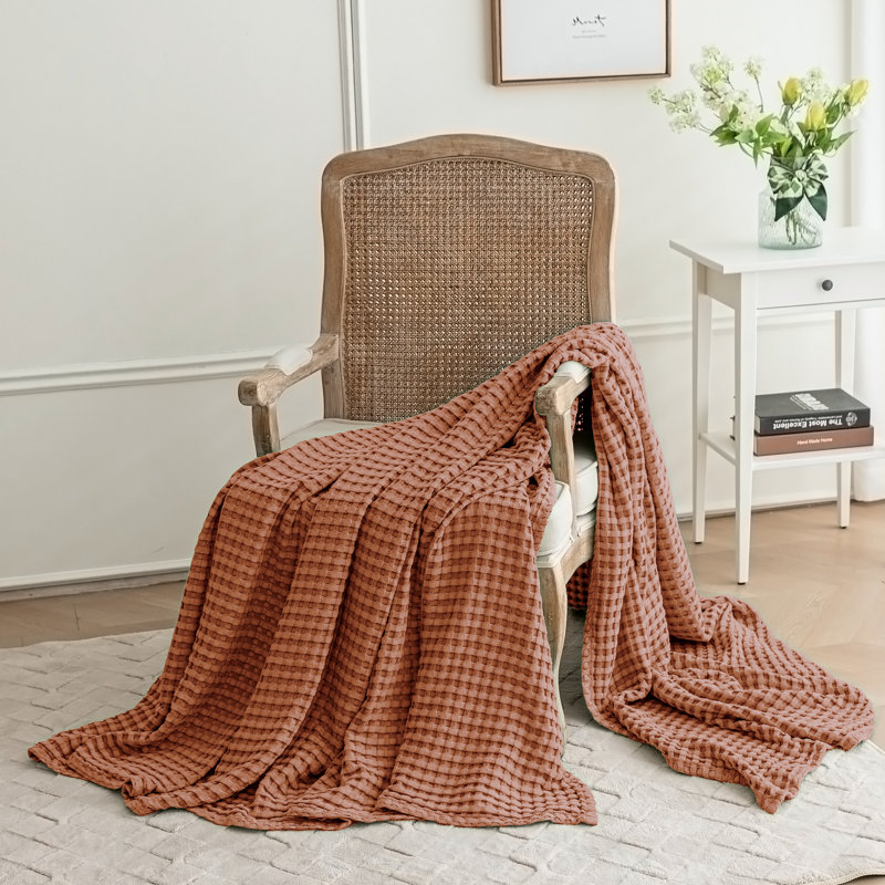 Jeté doux et léger en coton et viscose de bambou tissé gaufré toutes saisons, Orange brûlé, Jeté