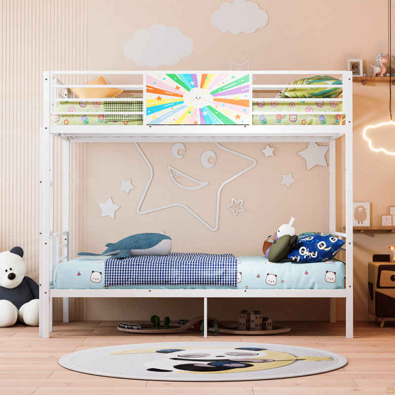 Lit superposé double au-dessus de double pour adultes et enfants, structure de lit superposé robuste avec échelle rembourrée pour garde-corps, sans sommier tapissier, blanc