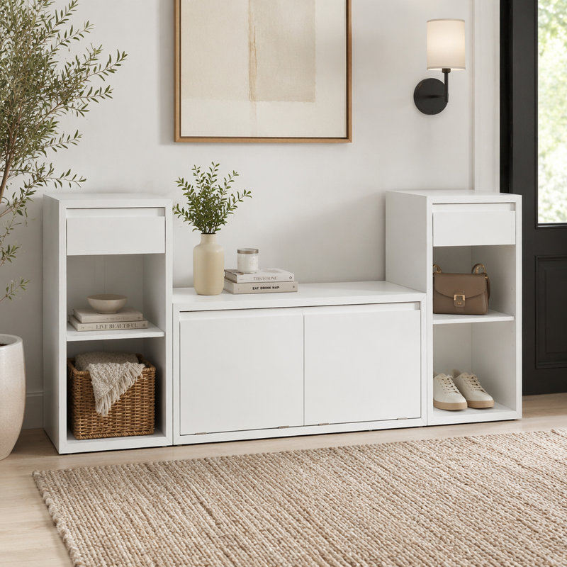 Banc de rangement tout-en-un avec coussin, compartiments, tiroirs et tablettes ouvertes, banc de rangement, Blanc