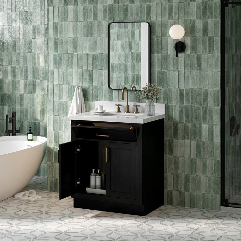 Meuble-lavabo simple 30 po en bois massif avec plateau en quartz 1,5 po Thornaby, Forme rectangulaire
