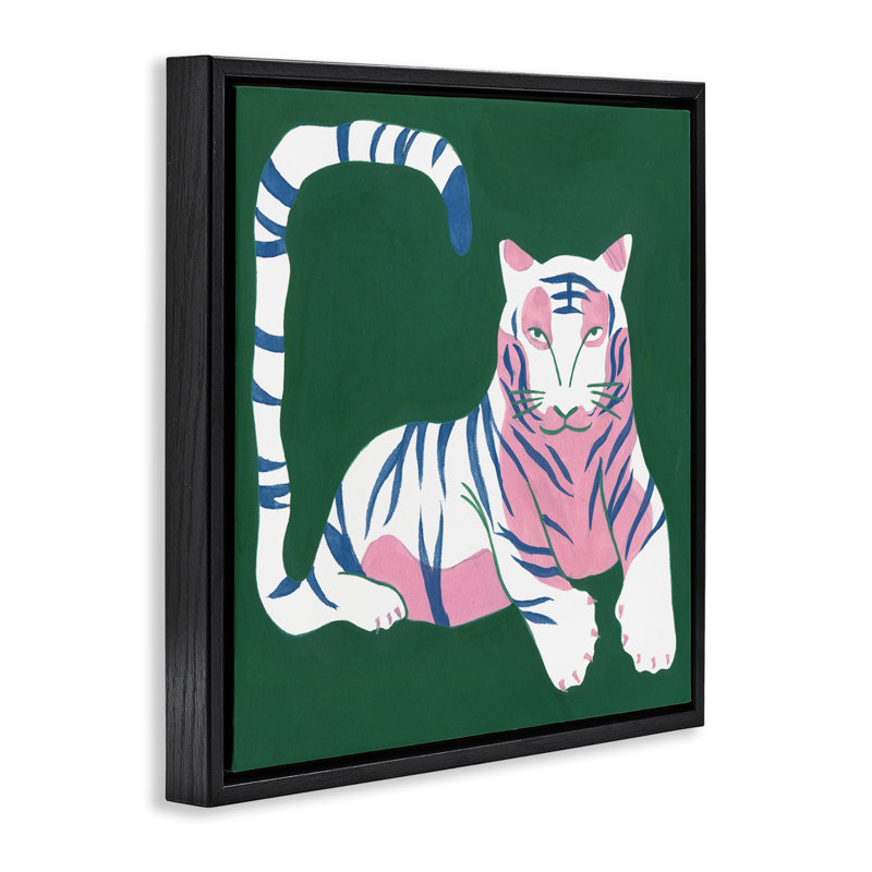 Tigre moderne avec cadre flottant à queue incurvée, design par Melissa Wang, Cadre flottant noir de jais, H 18 po x l 18 po