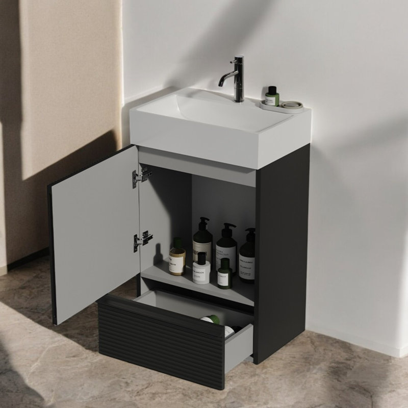Ensemble de meuble-lavabo simple rayé 20 po avec lavabo en céramique, assemblage requis, Noir