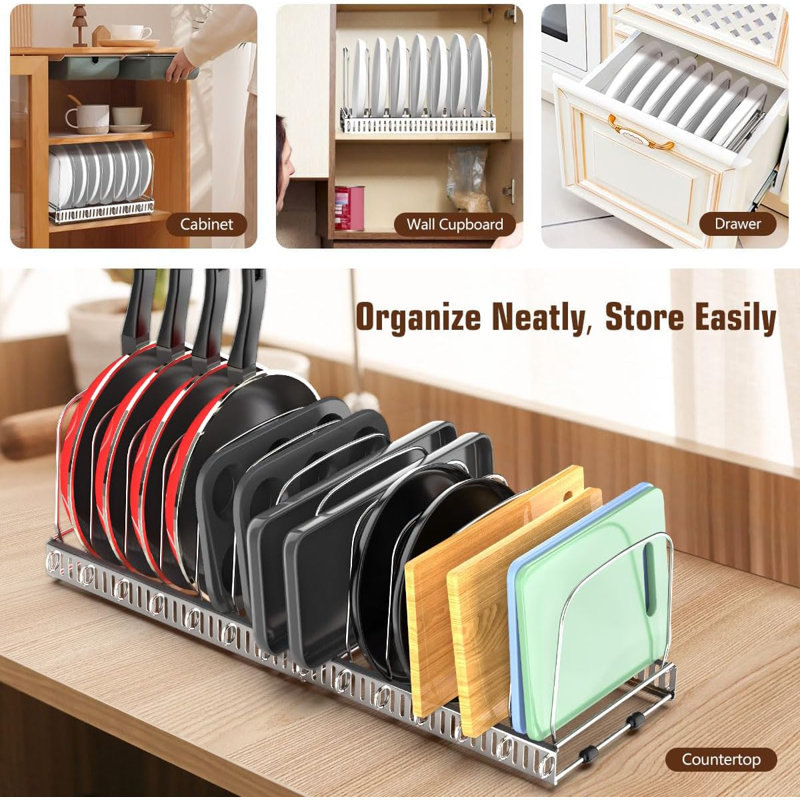 Cutting Board Organizer Rack, Expandable Baking Tray And Cookie Sheet Organizer With 14 Adjustable Dividers, Bakeware Muffin Tin Cupcake Pan Storage Organizer For Cabinet