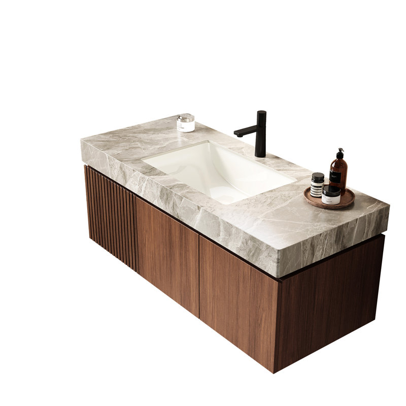 Comptoir en pierre frittée grise de 122 cm (48 po) avec lavabo encastré en céramique, sans angles morts, conception standard des trous de robinetterie et résistant aux rayures.