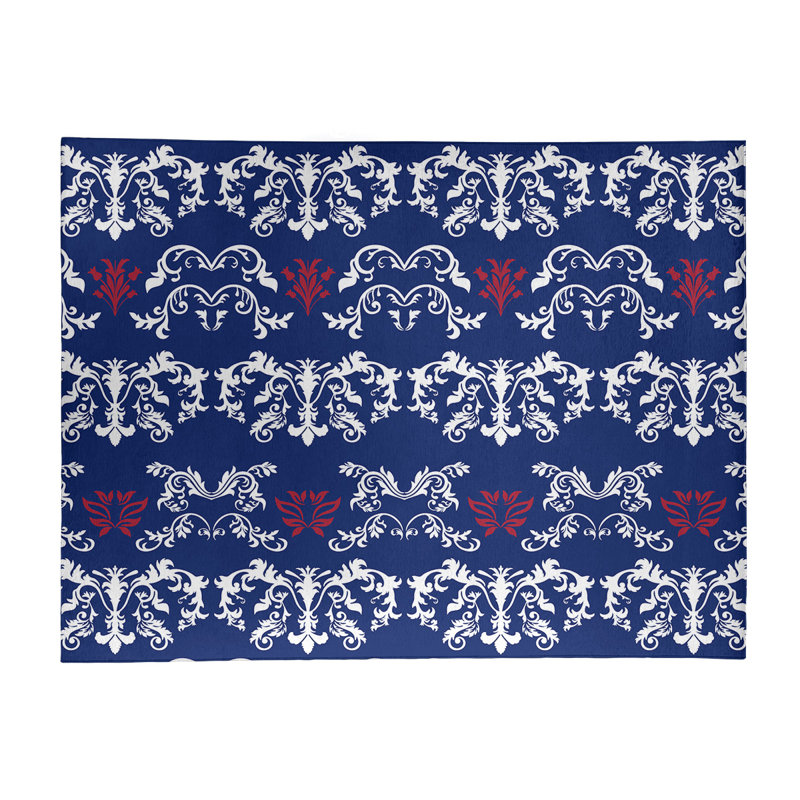 Tapis bleu marine / blanc Damask, Rectangle 9 pi x 12 pi