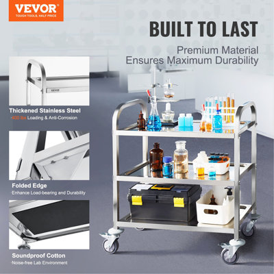 Chariot en acier inoxydable, chariot utilitaire de laboratoire à 3 couches, capacité de poids de 400 lb, chariot médical avec roues universelles verrouillables, pour laboratoire, clinique, cuisine, salon