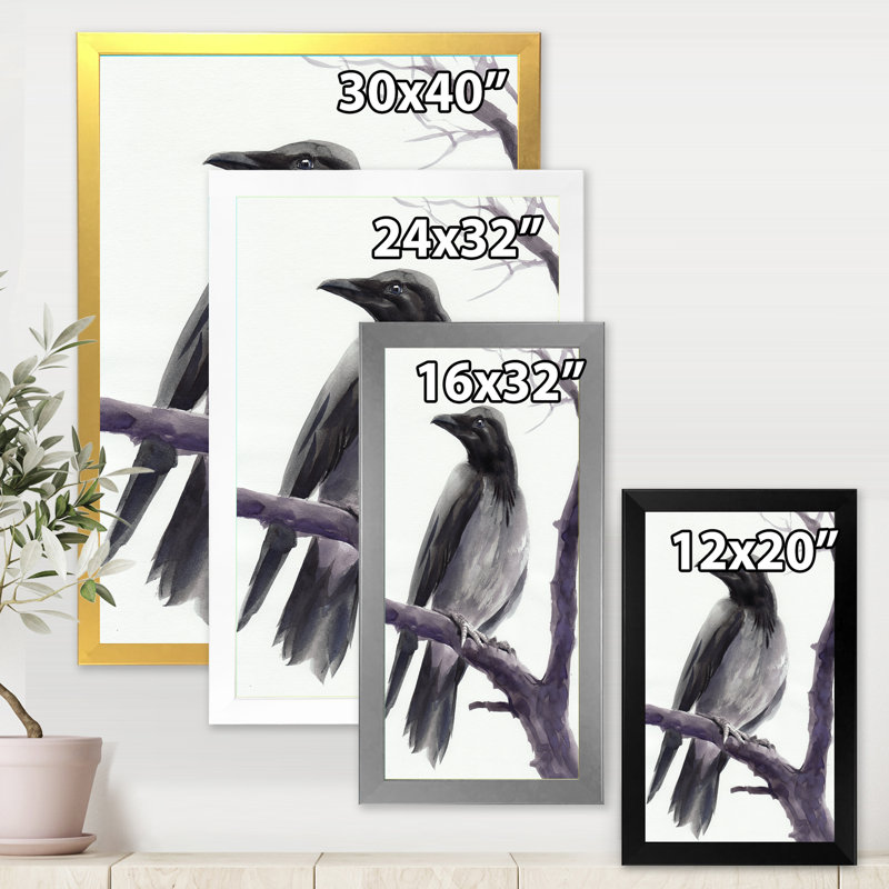 Grand corbeau sur une branche - Peinture sur toile, Cadre blanc, H 32 po x l 16 po x P 1 po