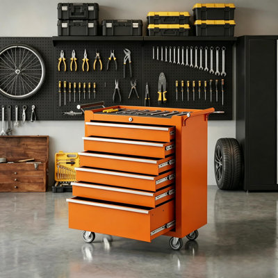 6-Drawer Rolling Tool Chest with Lock & Wheels, Heavy Duty Metal Toolbox Cart with Liners, Portable Mobile Storage Organizer for Garage & Workshop, Orange