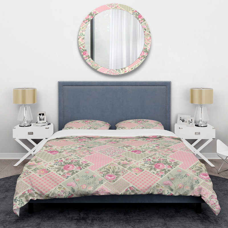 Patchwork floral rose - ensemble de housse de couette abstrait - microfibre de polyester