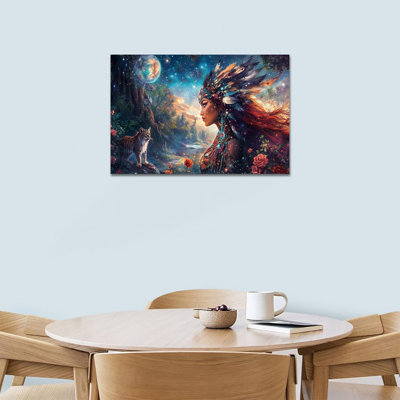 Adric Woman Chief Feather Headdress Fantasy Forest Cat Painting Canvas Prints Poster Framed Western Indian Decor for Living Room Bedroom Wall Artwork Ready to Hang, 12×16 Inches