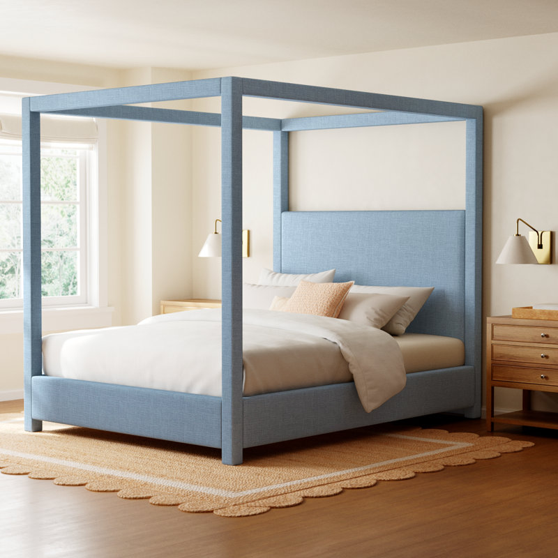 Upholstered Canopy Bed, Sky Blue Linen Textured Fabric, King