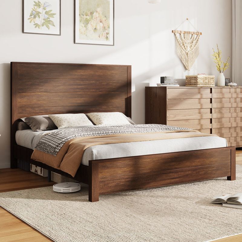 Base de lit en bois massif 51,2 po, lit plateforme rustique avec tête de lit épissée, Bois de grange récupéré, Double