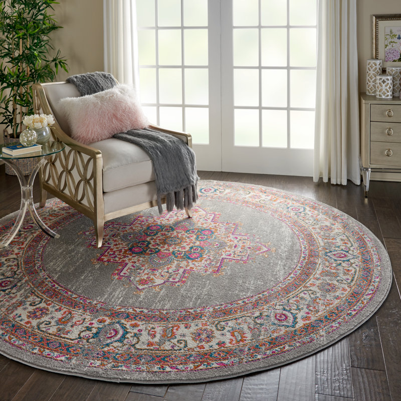 Abbate Oriental Gray/Pink Area Rug, Round 8'