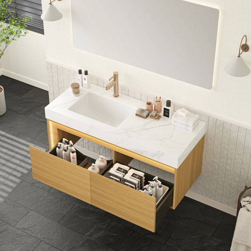 Meuble-lavabo flottant 48 po avec comptoir en pierre frittée blanche, vasque encastrée en céramique, armoire de contreplaqué ultra-mince en grille, enseigne alimentée par capteur à tiroirs, plateau pré-assemblé, lavabo, activé