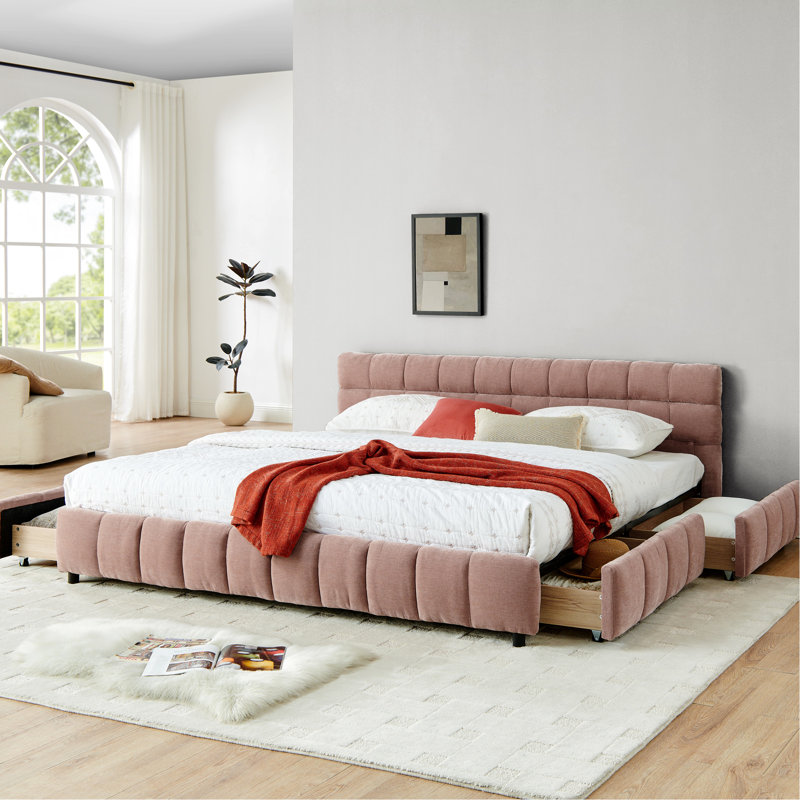 Très grand lit plateforme tapissier très grand rose avec tiroir - tête de lit confortable et confort moderne, Rose
