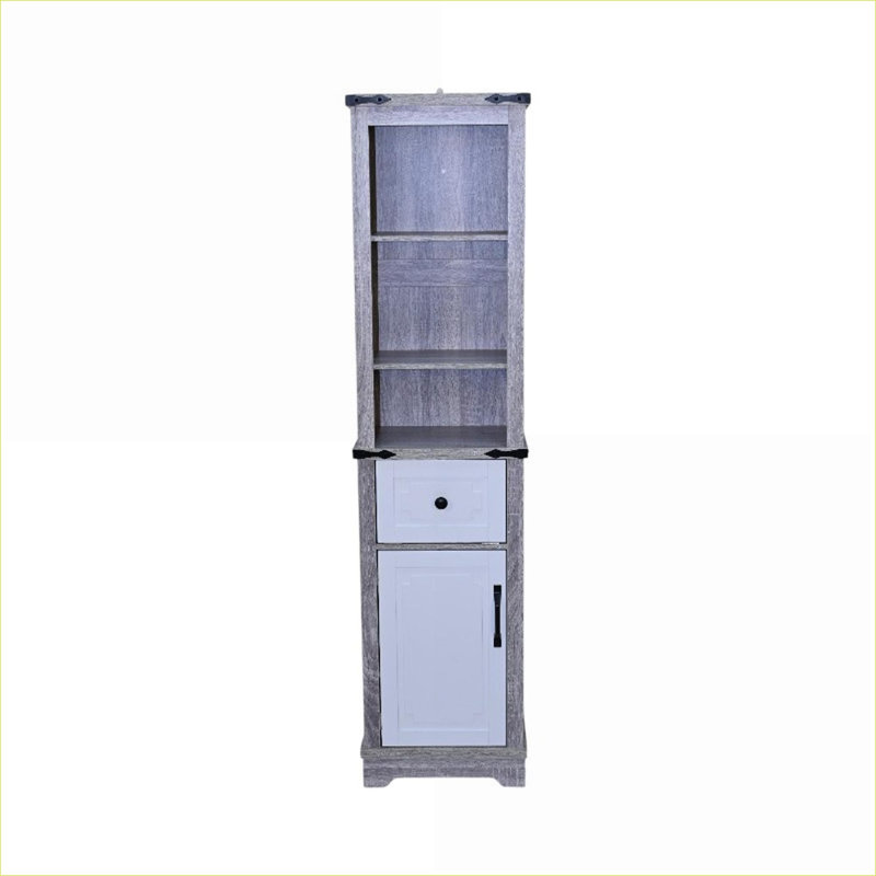 Cabinets | Tall Narrow Farmhouse Storage Cabinet with Adjustable Shelves &amp; Drawer, 15.55"W, Light Gray &amp; Off White | Particle Board+MDF | Bathroom